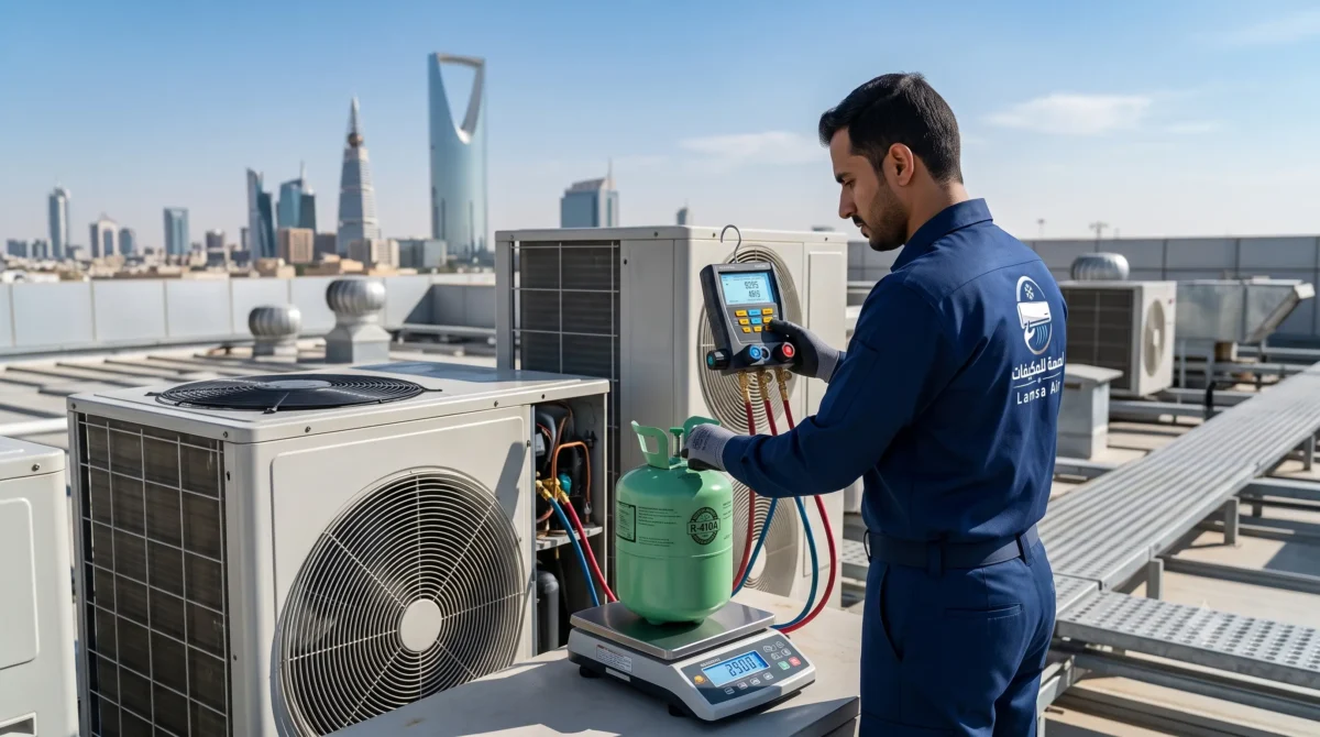 فني شركة لمسة للمكيفات يقوم بشحن وتعبئة الفريون لمكيف سبليت بالرياض باستخدام الميزان الرقمي