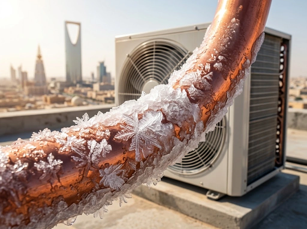 تجمد الثلج على مواسير النحاس دليل نقص فريون المكيف