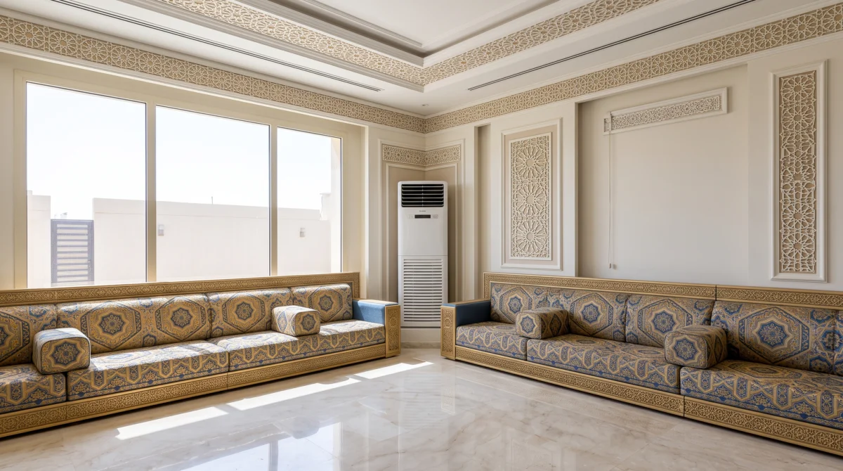 مكيف دولابي مركب باحترافية وكفاءة عالية يندمج بجمال مع ديكور غرفة جلوس حديثة في الرياض