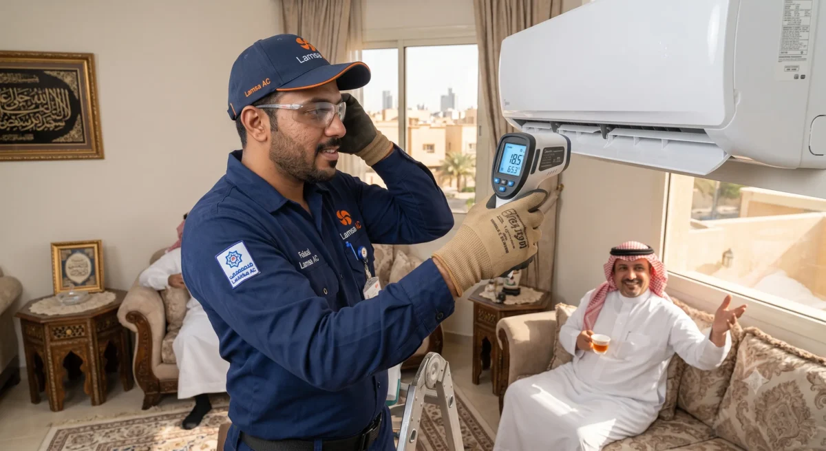 قياس كفاءة التبريد بعد تعبئة الفريون لمكيف سبليت في منزل بالرياض