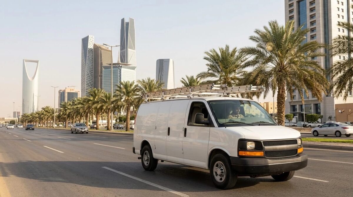 فريق فني متنقل جاهز للتحرك داخل أحياء الرياض سيارة خدمة فنية تابعة لفريق تكييف متجهة لأحد أحياء الرياض